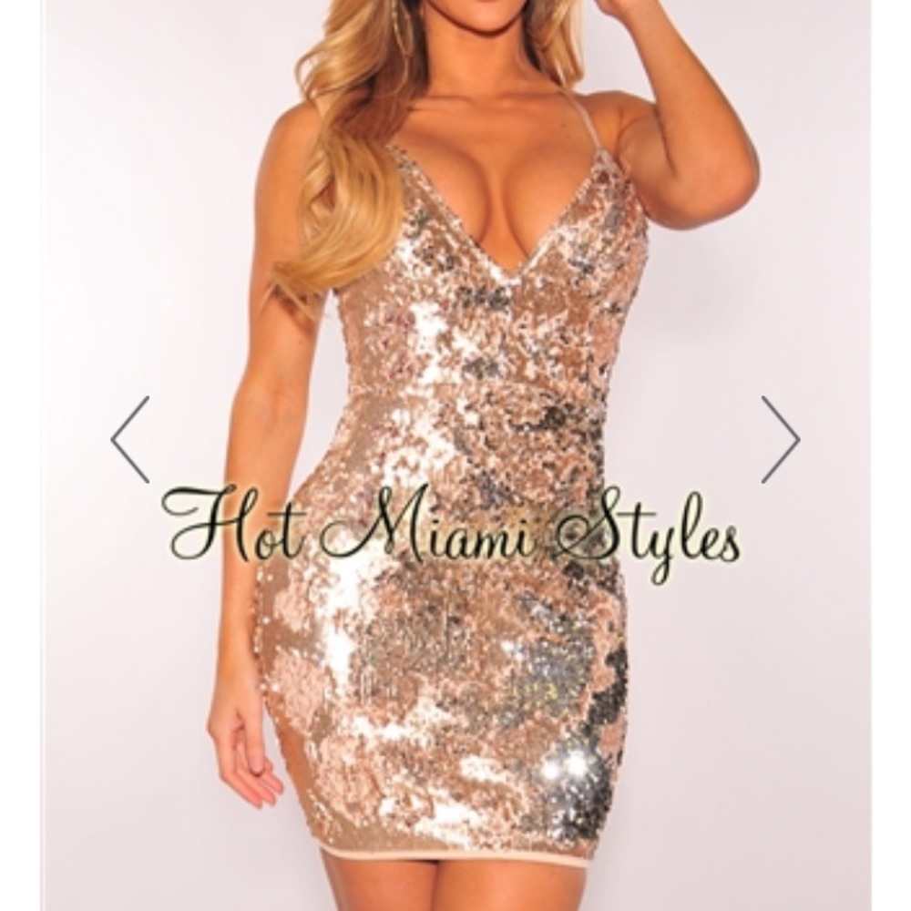 Hot Miami Styles Champagne Sequins Mini Dress